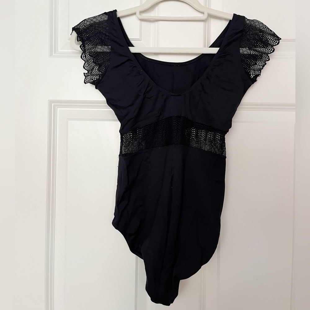 SoDanca black leotard with lace insets and capsleeves Size S/M **lightly used**